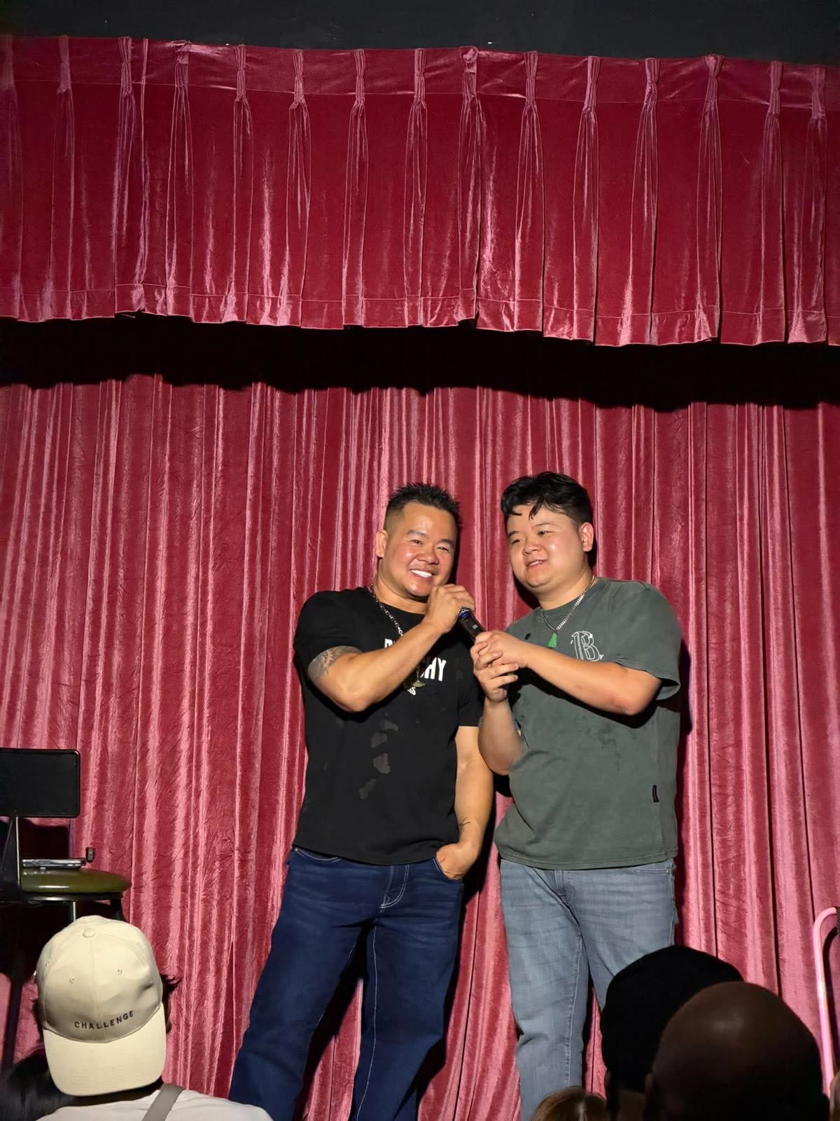 Will Pepper and his dad on stage together, laughing